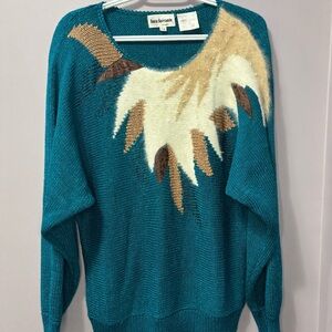 Vintage 80s Lara Ferrante Angora Sweater Teal Abstract Pearl Detail Knit Large